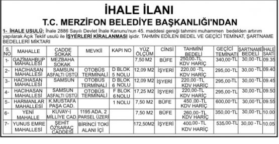 belediye iş yeri kirala ilanı